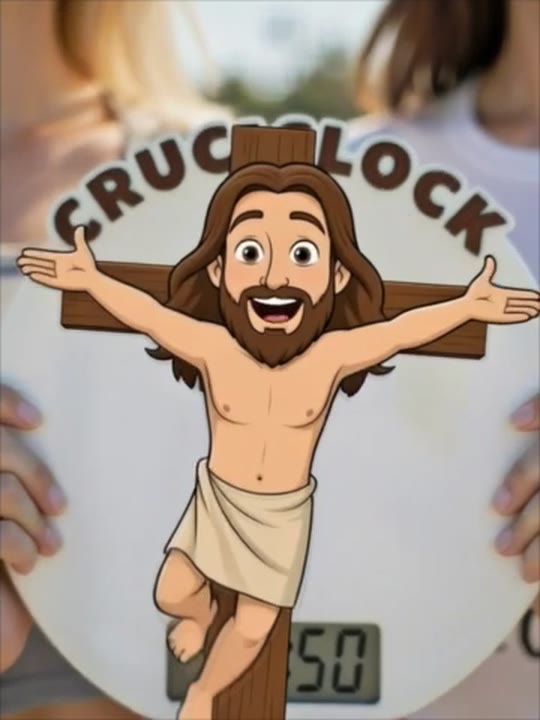 Cartoon Spartacus grinning with arms spread on the cross